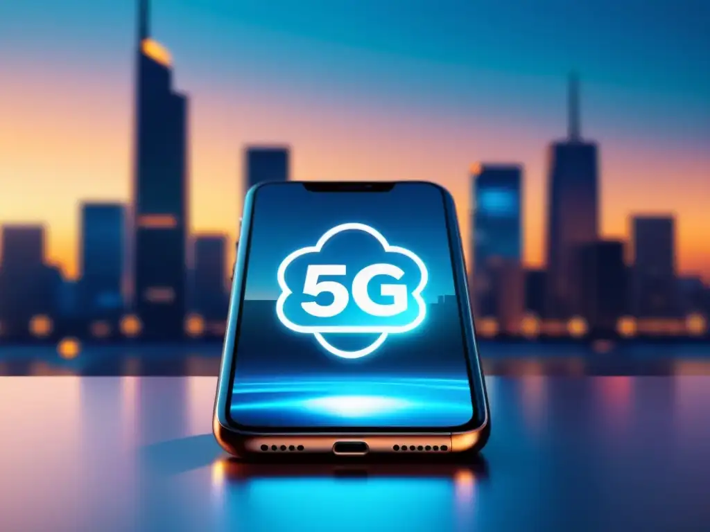 Un smartphone muestra el ícono 5G en una ciudad futurista