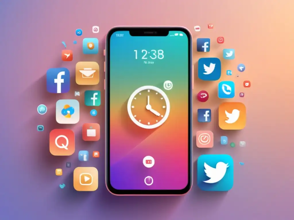 Un smartphone con ícono de reloj rodeado de apps, en un ambiente moderno y estilizado, ideal para estrategias de marketing de contenido efímero