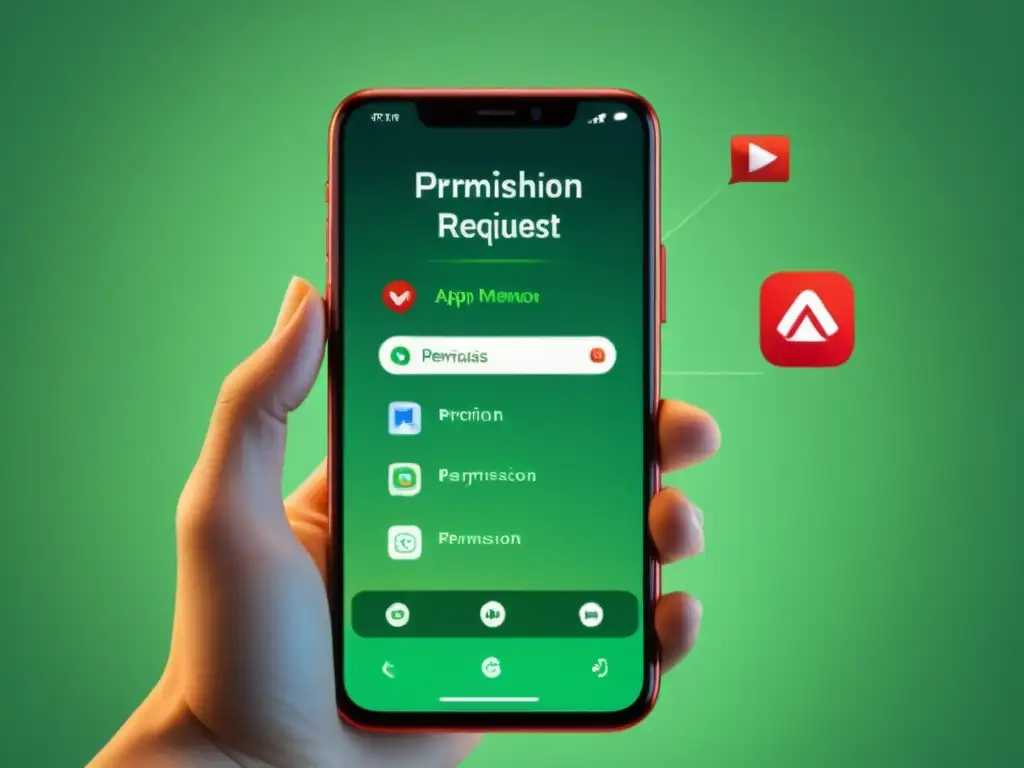 Smartphone con iconos de apps y pop-ups de permisos, mostrando riesgos de dar permisos excesivos en rojo y gestión adecuada en verde