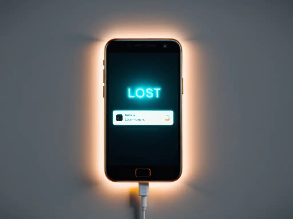 Un smartphone iluminado con un mensaje de 'Teléfono perdido' en pantalla, sobre una superficie blanca limpia