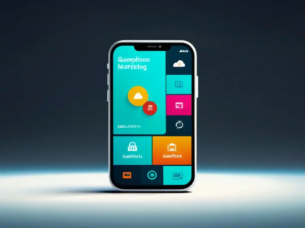 Un smartphone con una interfaz de marketing gamificada vibrante y atractiva, representando la ludificación en marketing digital tecnologías emergentes