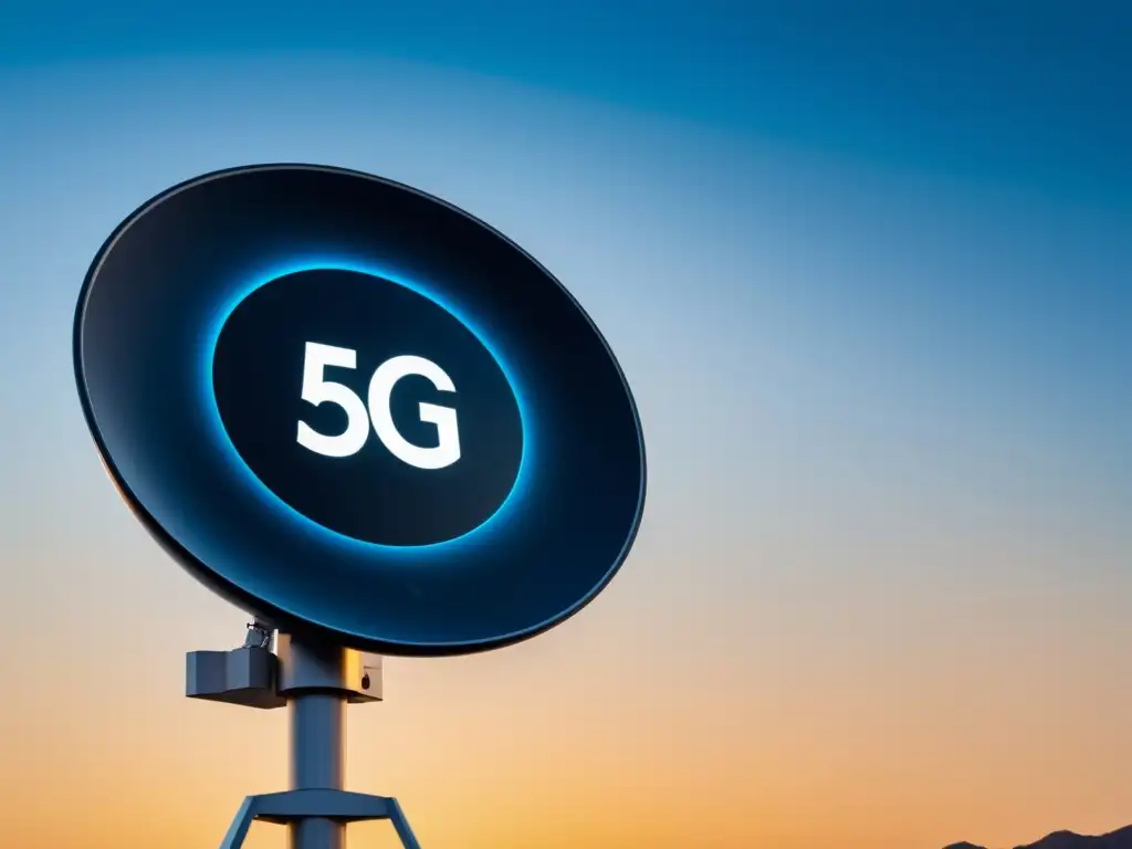 Un smartphone 5G junto a una antena satelital, simbolizando la coexistencia del 5G y tecnologías satelitales en un entorno futurista y conectado