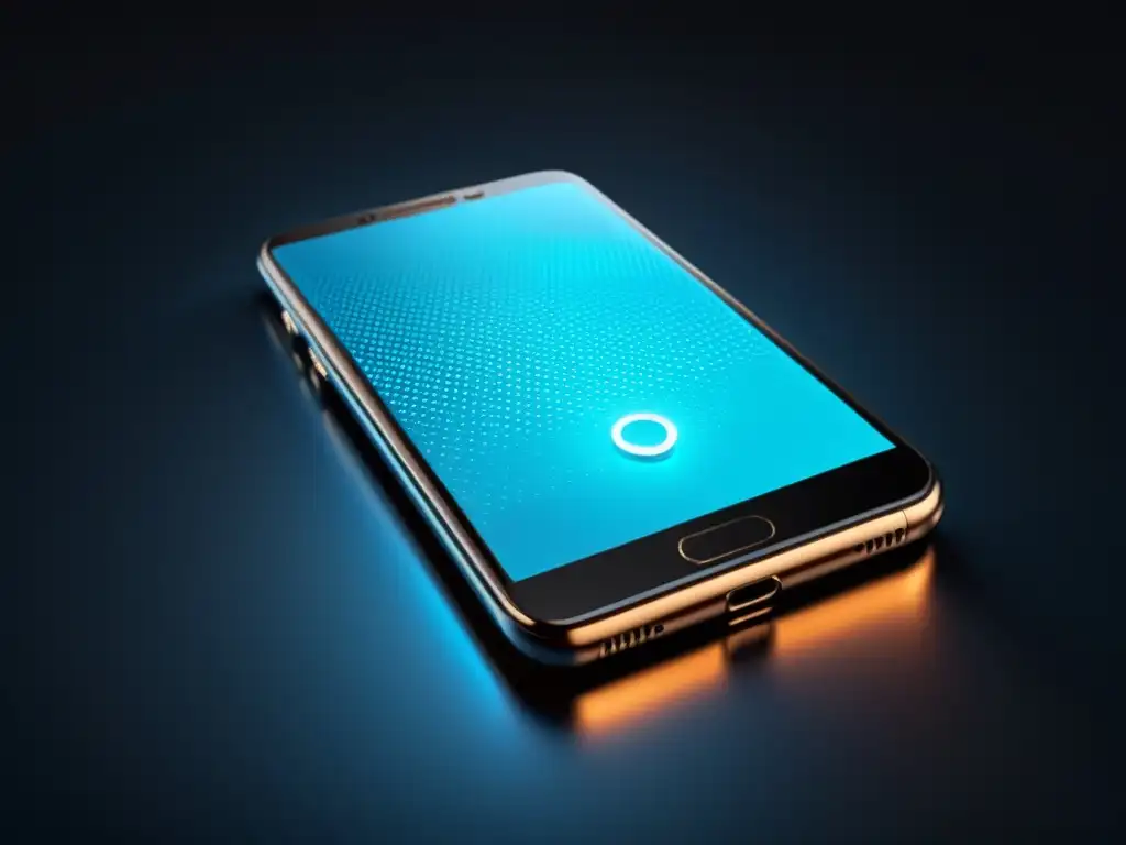 Un smartphone minimalista con un icono de candado en la pantalla, proyecta una sutil luz azul en una superficie oscura y reflectante