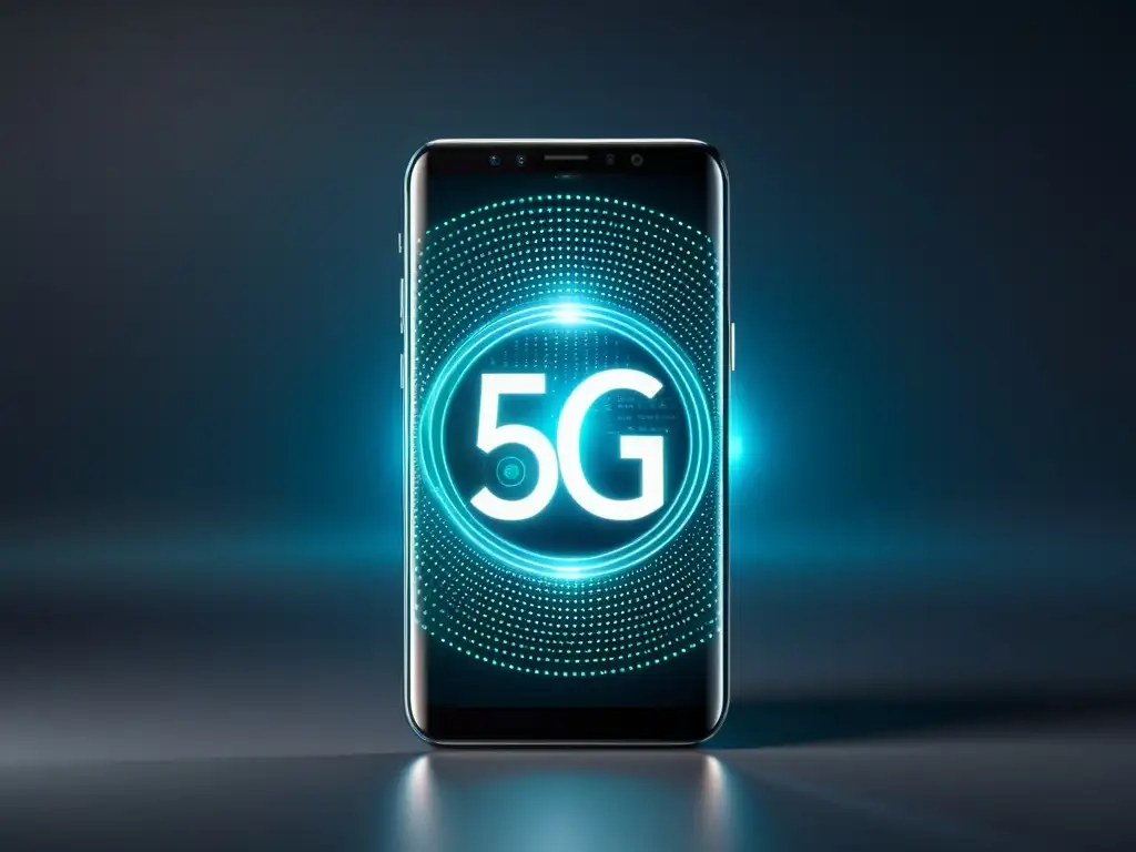 Un smartphone moderno con datos digitales y seguridad, simbolizando la privacidad 5G y derechos digitales en un fondo minimalista oscuro