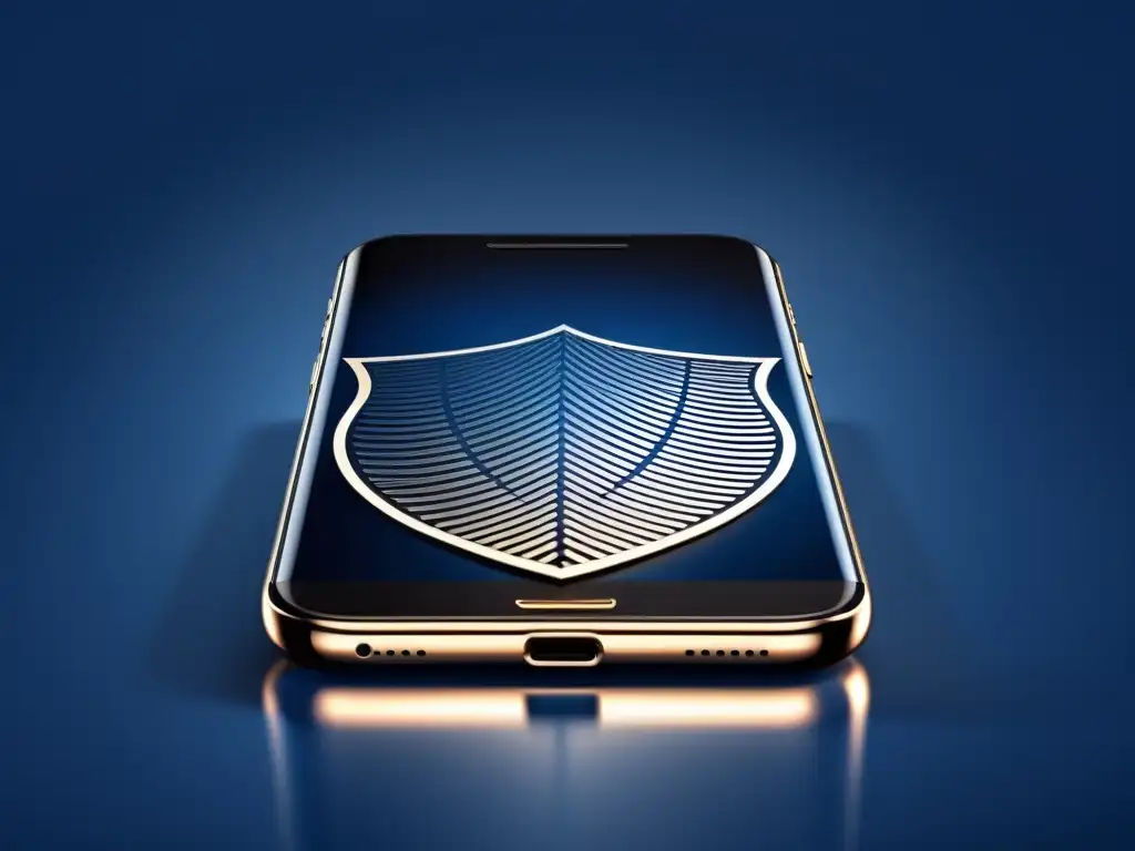 Un smartphone moderno muestra un emblema de escudo digital, emanando líneas para simbolizar protección en un fondo de degradado azul y negro