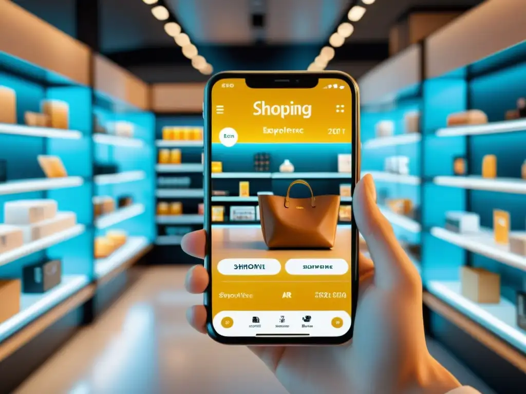 Un smartphone moderno muestra una experiencia de compra en realidad aumentada en un entorno futurista y minimalista