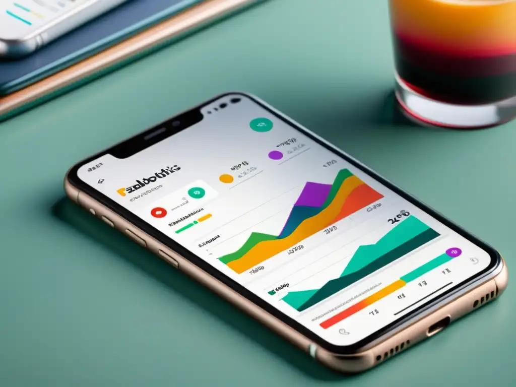 Un smartphone moderno muestra gráficos de análisis de datos para plataformas emergentes para tech influencers, en una imagen profesional y minimalista