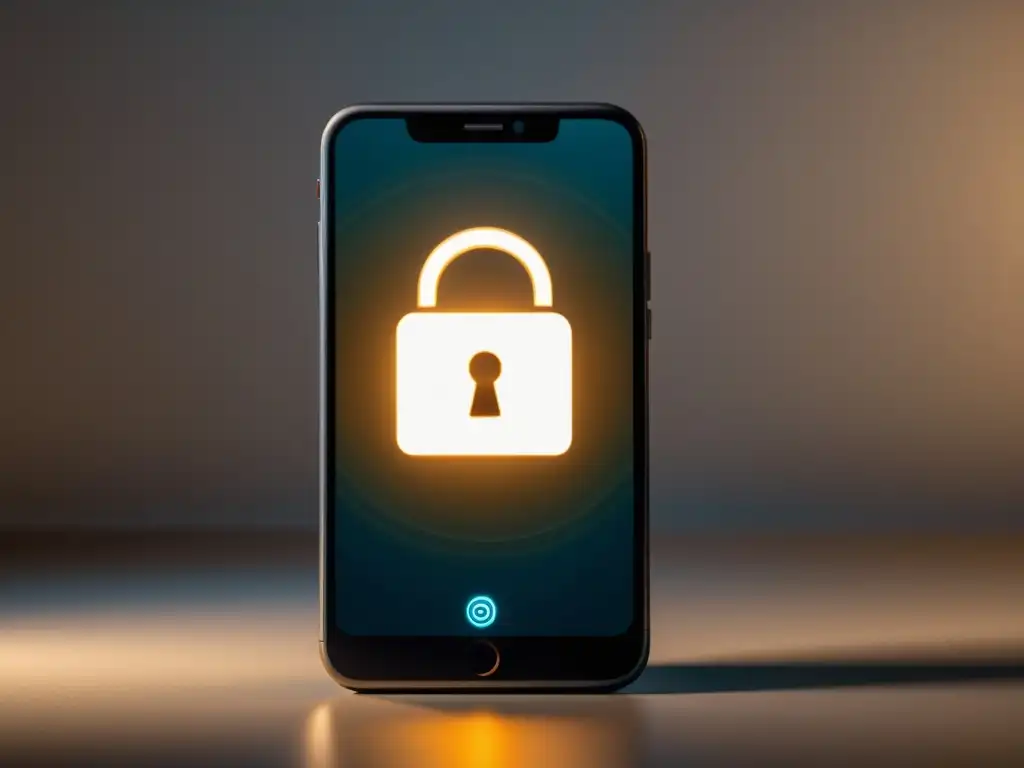 Un smartphone moderno con un icono de bloqueo en la pantalla, irradiando seguridad y privacidad en la era del 5G