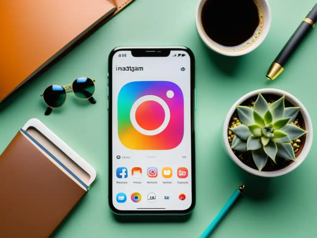 Un smartphone moderno muestra una impactante y atractiva feed de Instagram, rodeado de herramientas de marketing visual