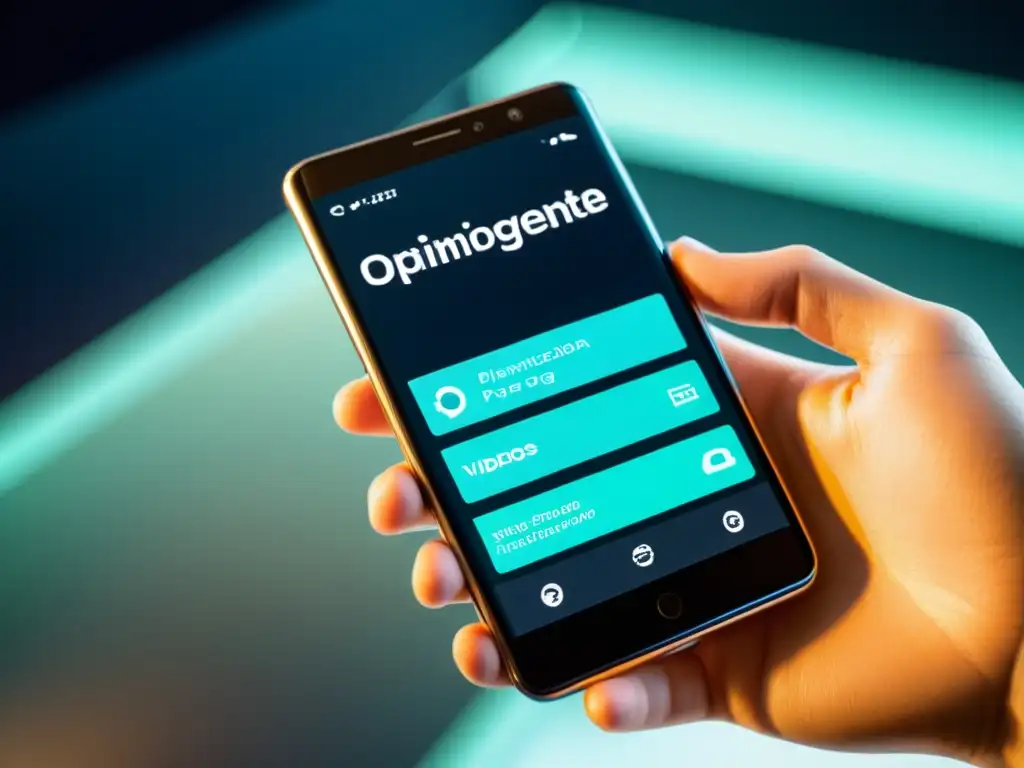 Un smartphone moderno muestra una interfaz de reproductor de video de alta definición con texto nítido y vibrantes visuales, rodeado de elementos tecnológicos futuristas
