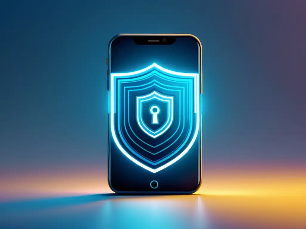 Un smartphone moderno rodeado por un escudo de cerraduras digitales, simbolizando estrategias de seguridad para dispositivos móviles