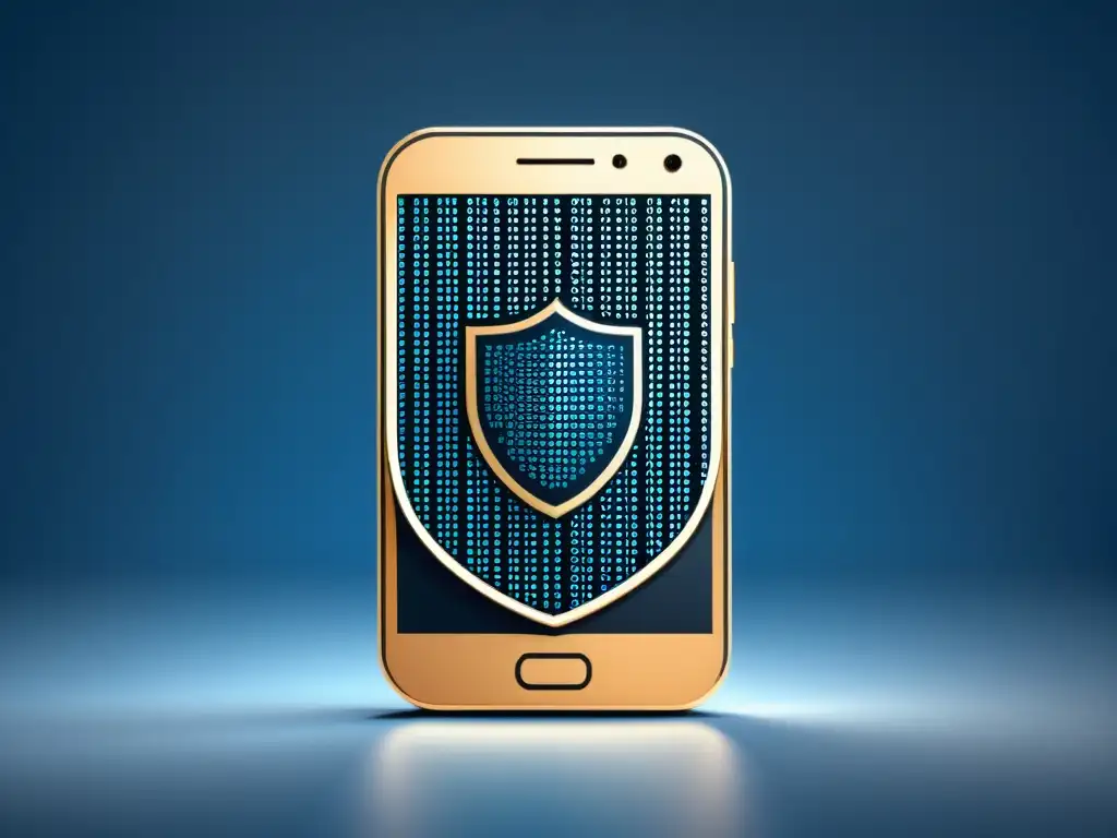 Un smartphone moderno rodeado por un escudo de códigos binarios, simbolizando protección contra malware móvil