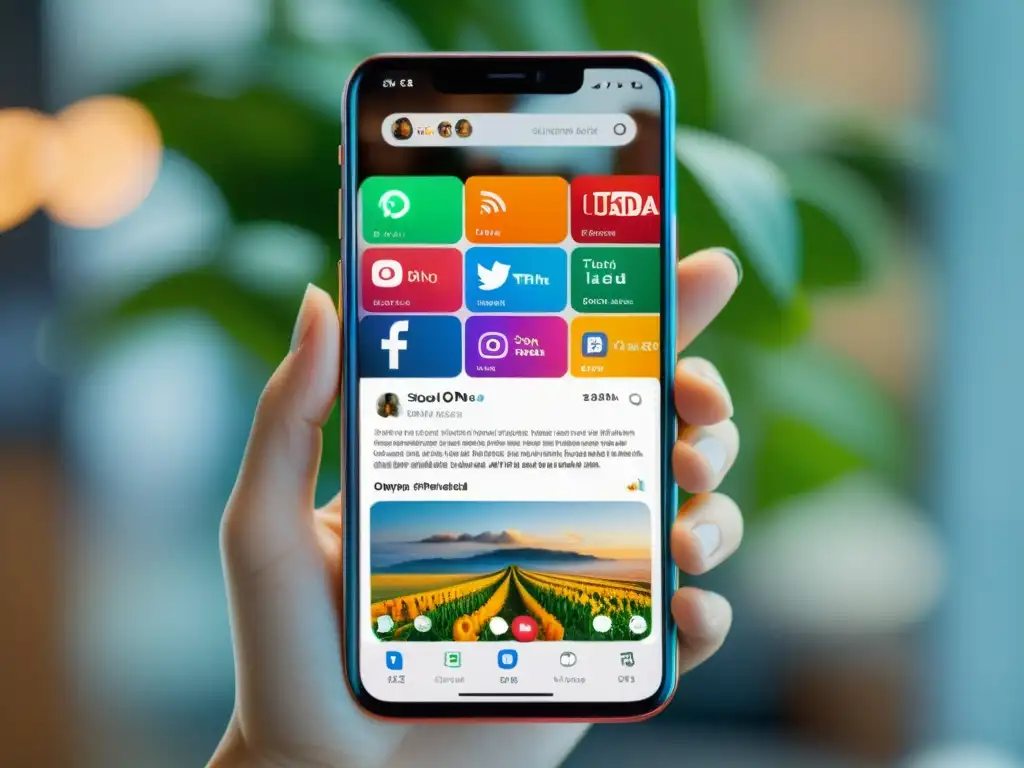 Un smartphone moderno muestra una vibrante app de redes sociales, con publicaciones estratégicas para mejorar posicionamiento SEO en redes sociales