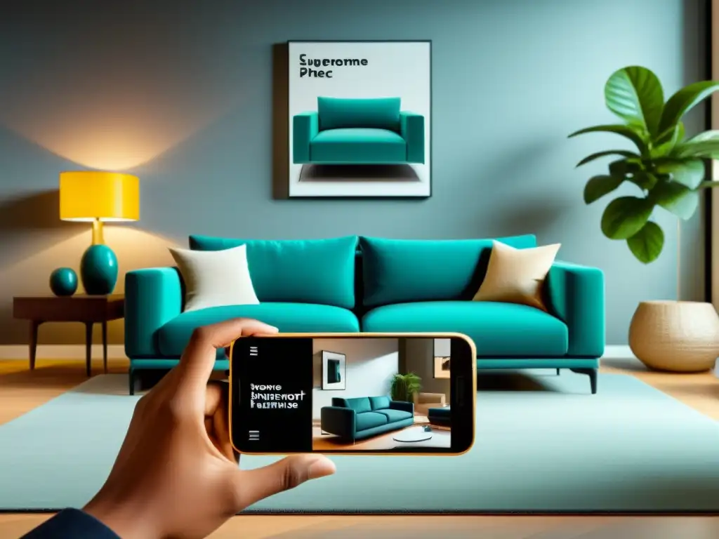 Un smartphone muestra un mueble virtual en una sala real, destacando la integración de la realidad aumentada en comercio electrónico