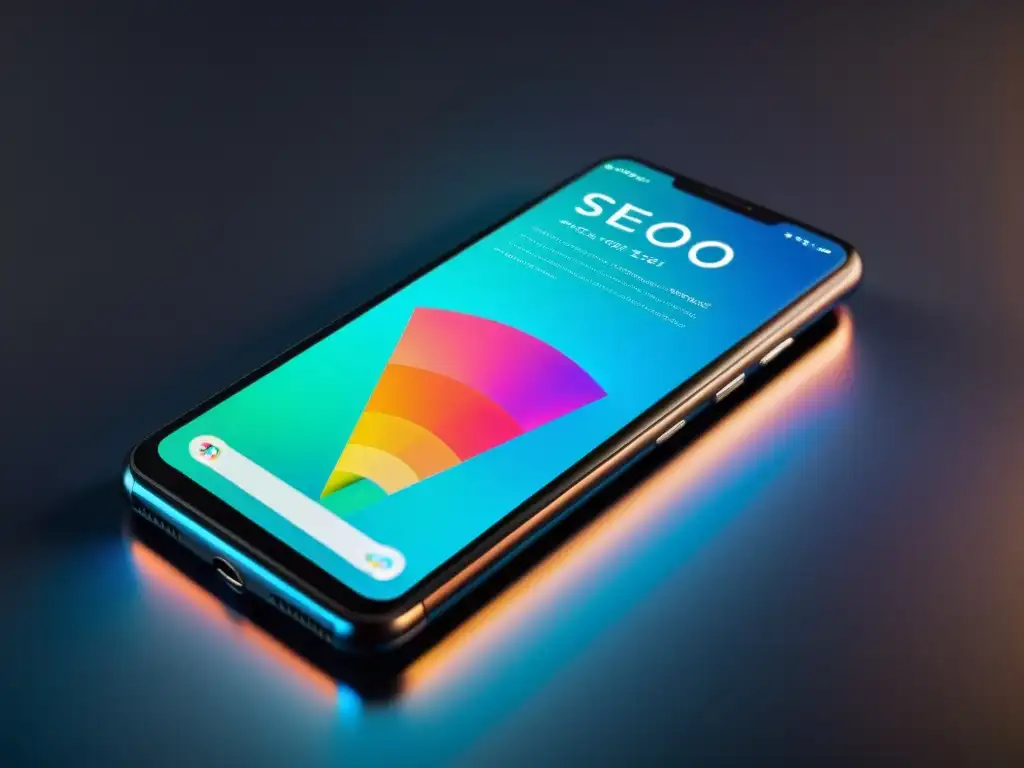 Un smartphone negro con holograma proyectando datos SEO vibrantes, en atmósfera tecnológica