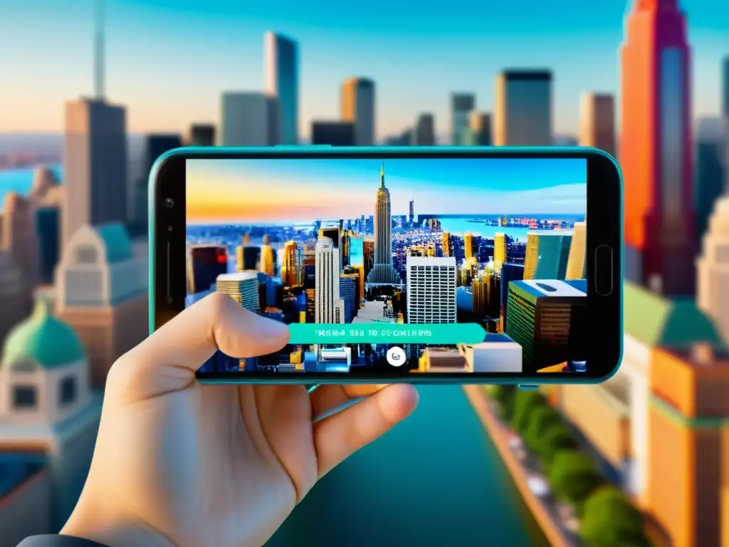 Smartphone muestra publicidad en realidad aumentada con ciudad de fondo, destacando innovación y captura visual