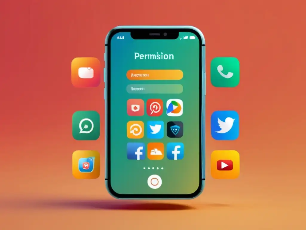 Smartphone rodeado de solicitudes de permisos de aplicaciones, ilustrando los riesgos de dar permisos excesivos