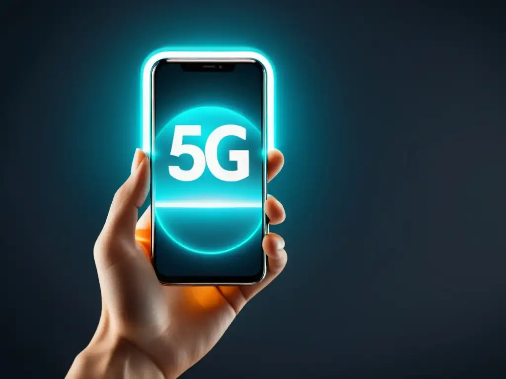 Un smartphone con el símbolo 5G en pantalla, iluminado en un fondo oscuro