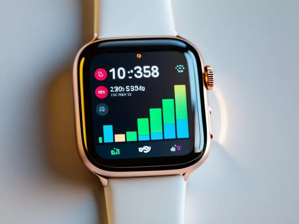 Smartwatch con dashboard de marketing digital personalizable, mostrando métricas en tiempo real