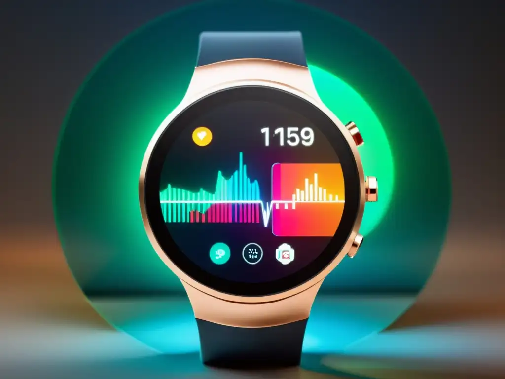 Un smartwatch minimalista muestra gráficos de Marketing Digital con Wearables en una pantalla vibrante, rodeado de visualizaciones futuristas