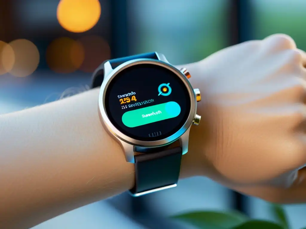 Un smartwatch minimalista muestra marketing personalizado con wearables en un entorno moderno y conectado