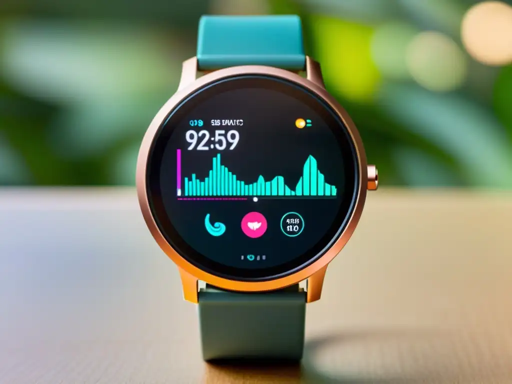 Un smartwatch minimalista con pantalla vibrante de alta resolución muestra datos de salud y actividad