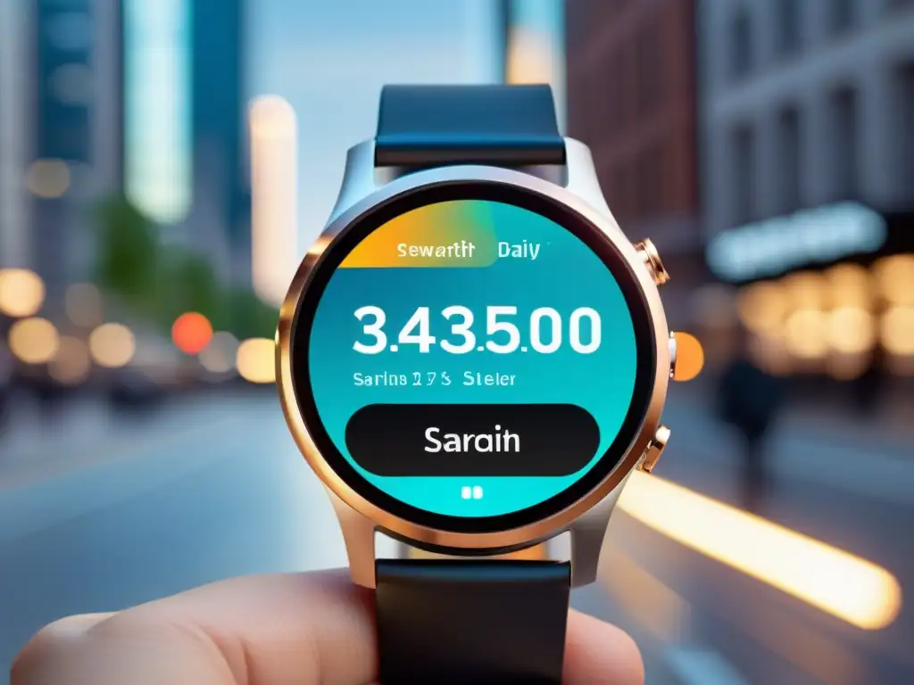 Un smartwatch moderno muestra un mensaje de marketing personalizado, integrando wearables y marketing en el entorno urbano