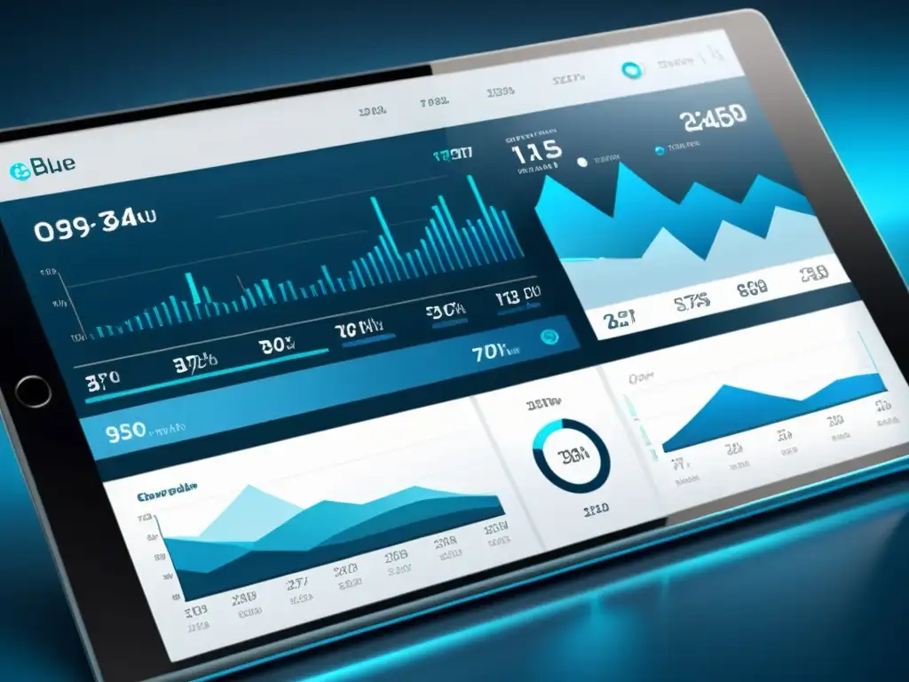 Un sofisticado panel de visualización de datos estructurados SEO análisis mercado en tonos azules y blancos, con gráficos detallados y futurista interfaz transparente