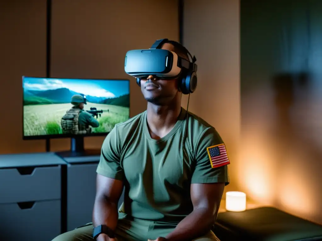 Soldado en terapia de realidad virtual TEPT, relajado y sonriente en entorno natural y sereno, con auricular de VR