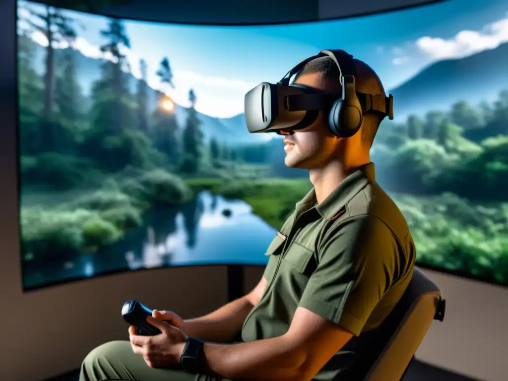 Soldado en terapia de realidad virtual TEPT, tenso en la sala mientras se relaja en un entorno virtual sereno