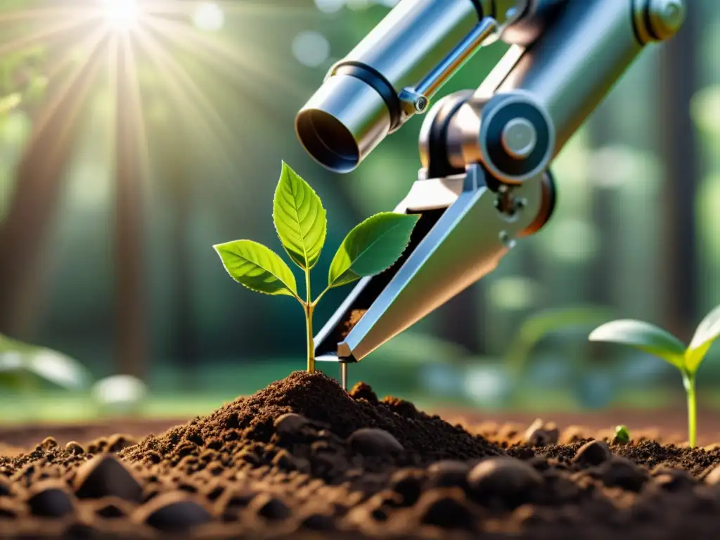 Robotic arm planting a tree in lush forest setting, destacando tecnología de reforestación sostenible