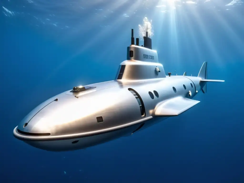 Un submarino plateado y futurista surca las profundidades azules del océano