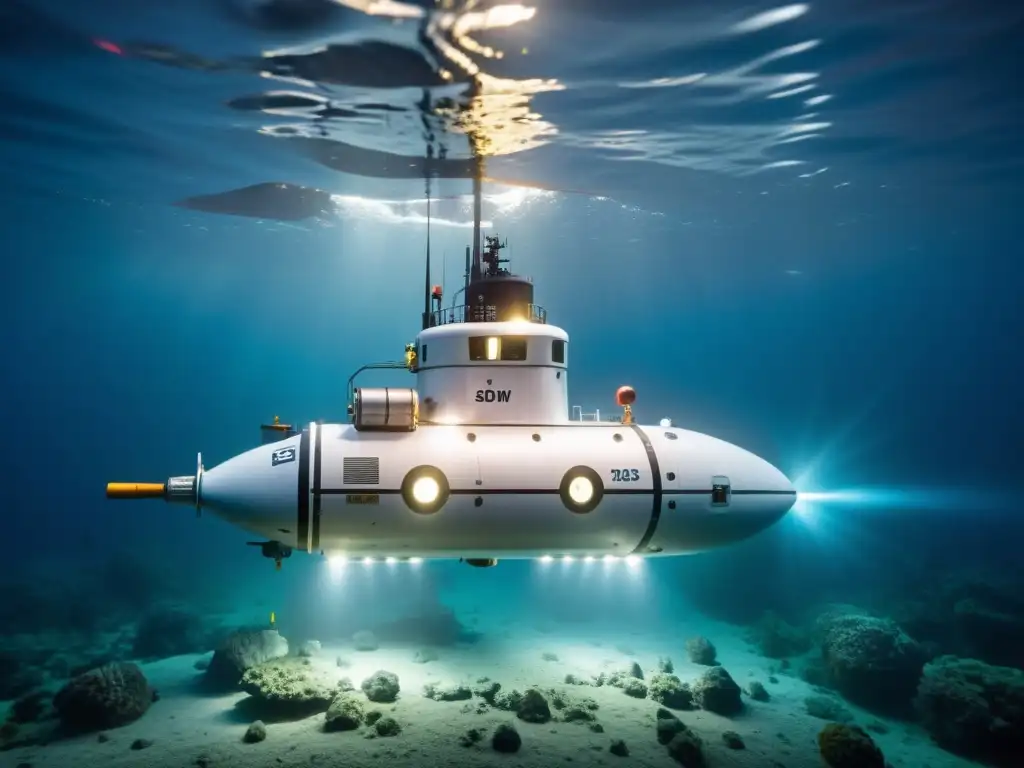 Un submarino robótico plateado con luces LED brillantes, realizando inspección y mantenimiento en una plataforma petrolera submarina