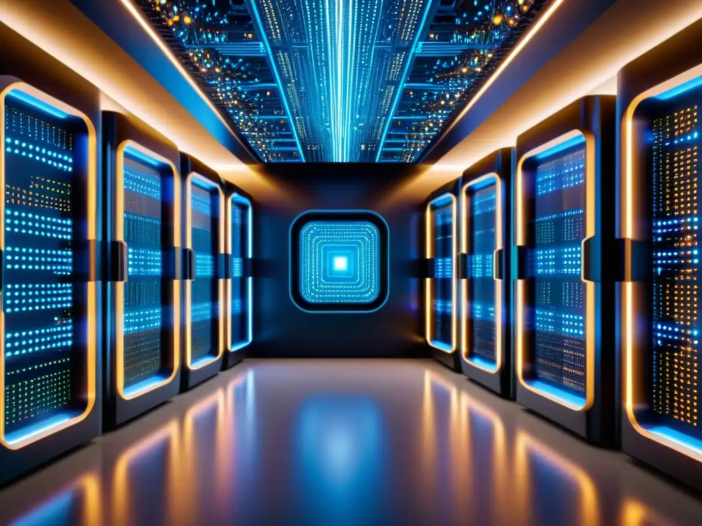 Un supercomputador futurista con circuitos brillantes y flujo de datos, simbolizando la alianza estratégica machine learning big data