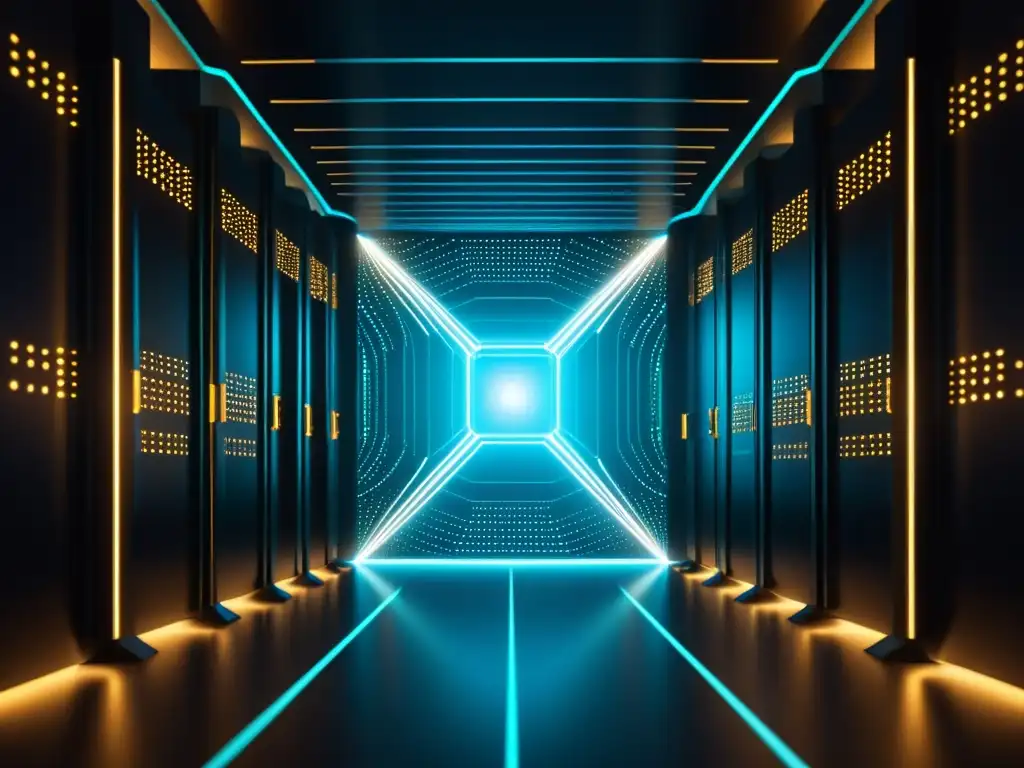 Un supercomputador futurista procesa datos de lenguaje natural en Big Data, con líneas brillantes y nodos, en una elegante sala oscura