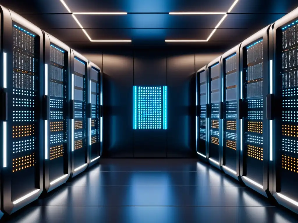 Una supercomputadora futurista e intrincada con nodos de datos brillantes, representando la Alianza Estratégica Machine Learning Big Data en un fondo oscuro de innovación tecnológica