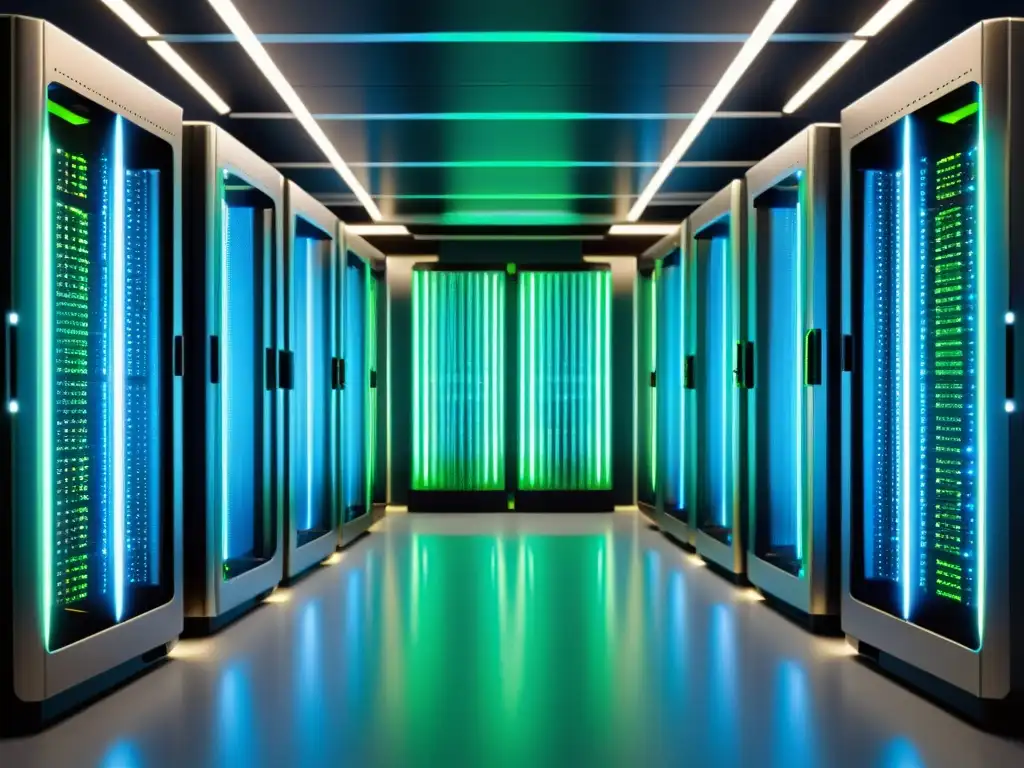 Supercomputadora futurista con luces azules y verdes Una supercomputadora futurista rodeada de servidores interconectados, con luces azules y verdes brillantes
