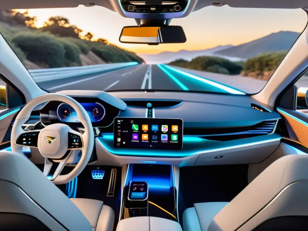 Tablero de auto futurista con pantalla 8K integrada, mostrando datos de tráfico en tiempo real y opciones de entretenimiento