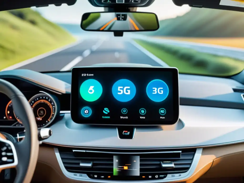 Tablero de coche moderno con indicador de señal 5G, conectividad a dispositivos inteligentes