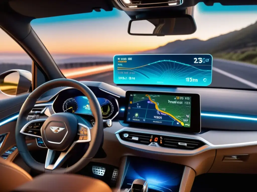 Tablero de coche moderno con pantalla digital mostrando mapa de alta resolución con actualizaciones de tráfico en tiempo real, conectado a red 5G