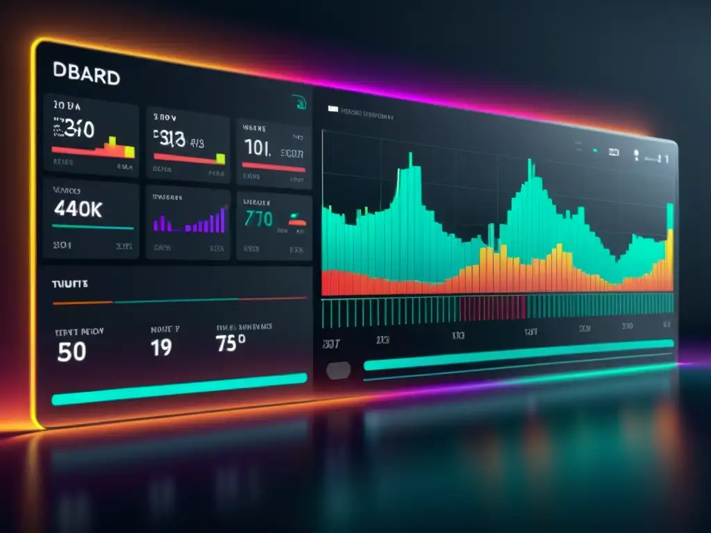 Un tablero de visualización de datos futurista en 8k, con gráficos luminosos en un diseño moderno y limpio