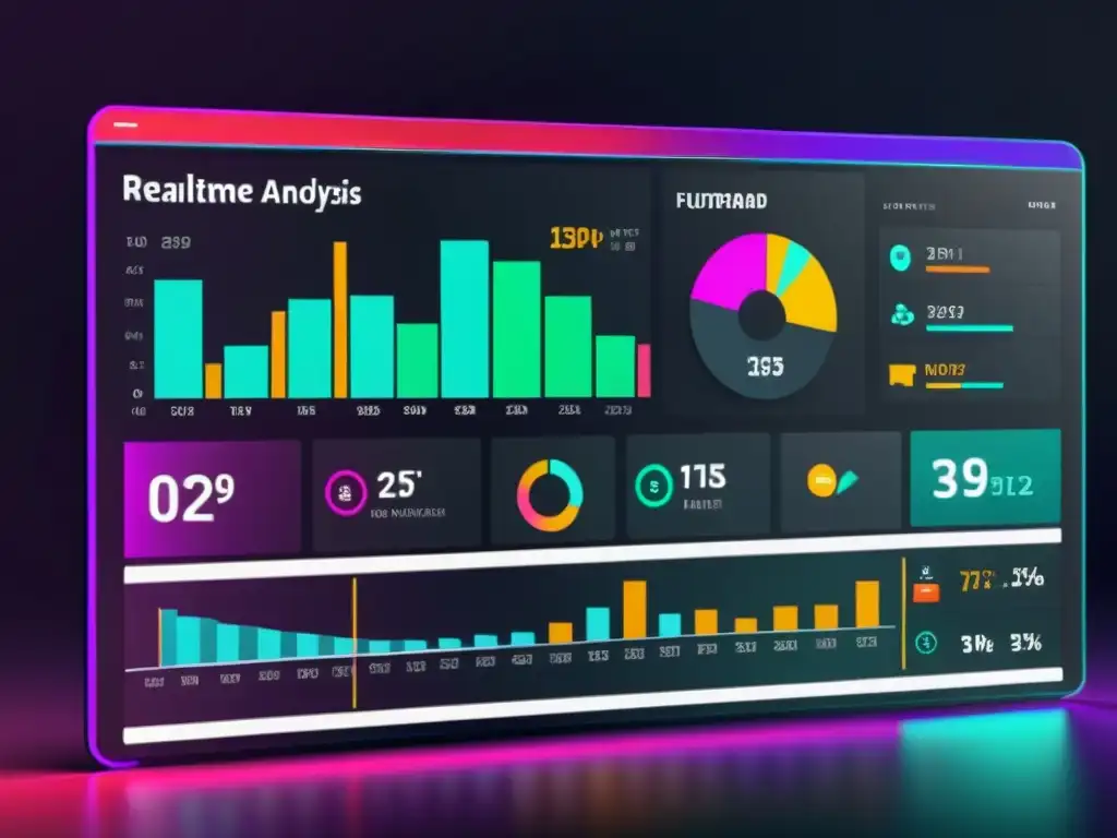 Tablero digital futurista con gráficos interactivos mostrando datos de análisis competitivo en tiempo real