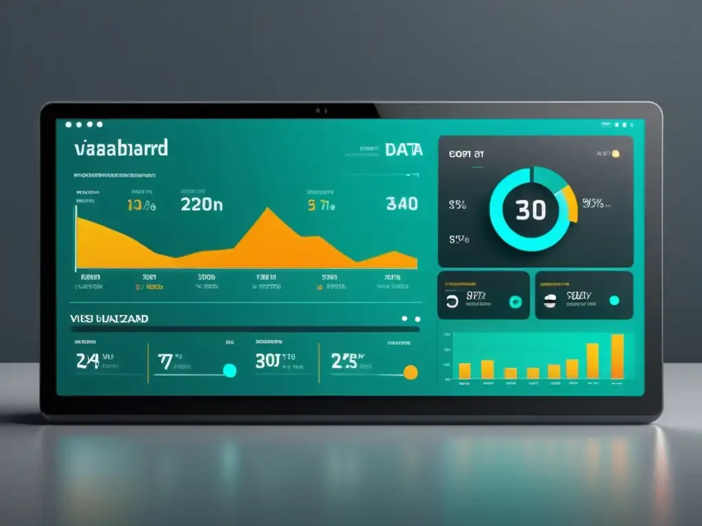 Un tablero digital futurista muestra mediciones de éxito en estrategia de contenido tecnológico, evocando precisión y sofisticación