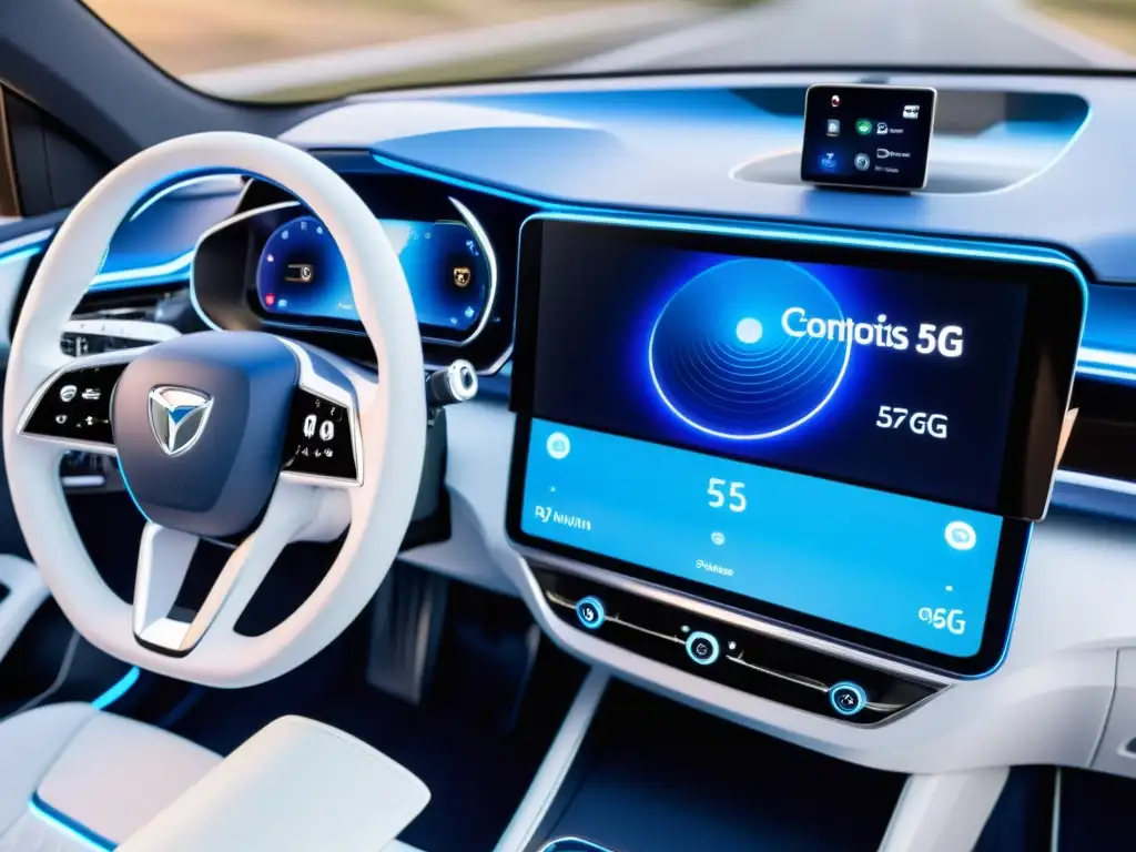 Tablero futurista de auto con interfaz digital 5G, iluminación ambiental y experiencia mejorada del usuario en autos 5G