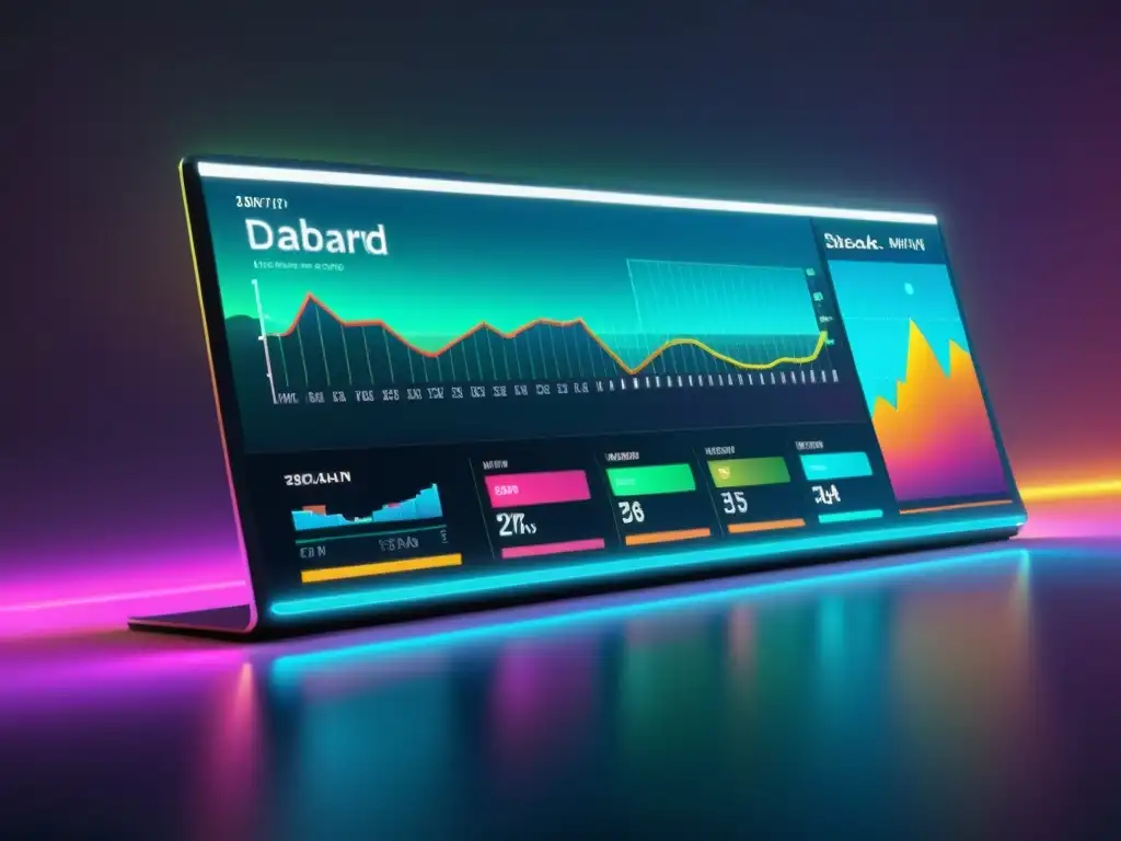 Tablero futurista con gráficos y datos vibrantes, exudando analítica predictiva para tendencias consumidor en colores neón