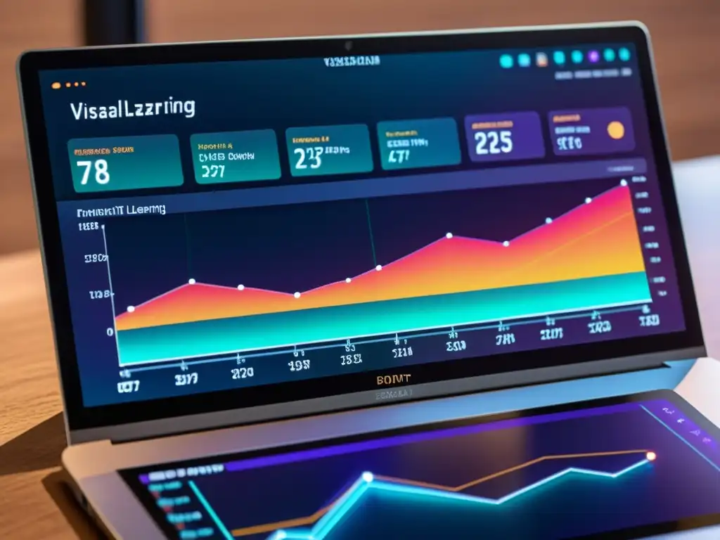 Tablero futurista con integración de visualización de datos y machine learning, iluminado y dinámico en diseño minimalista