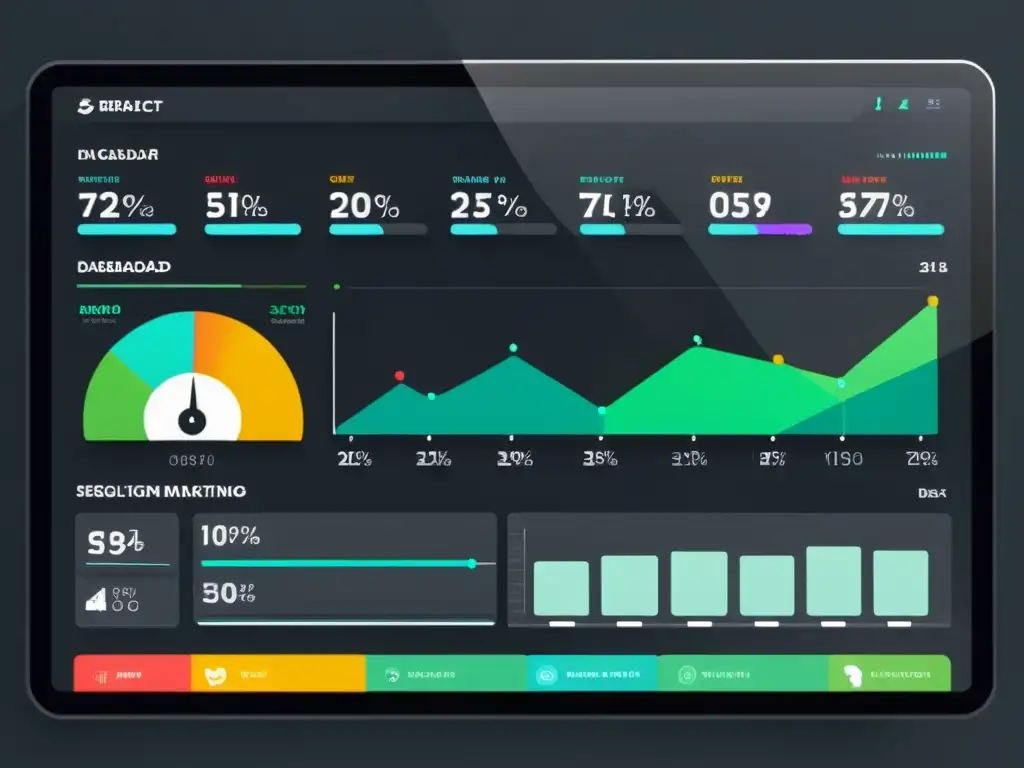 Tablero de marketing digital futurista con gráficos elegantes mostrando datos en tiempo real e insights personalizados