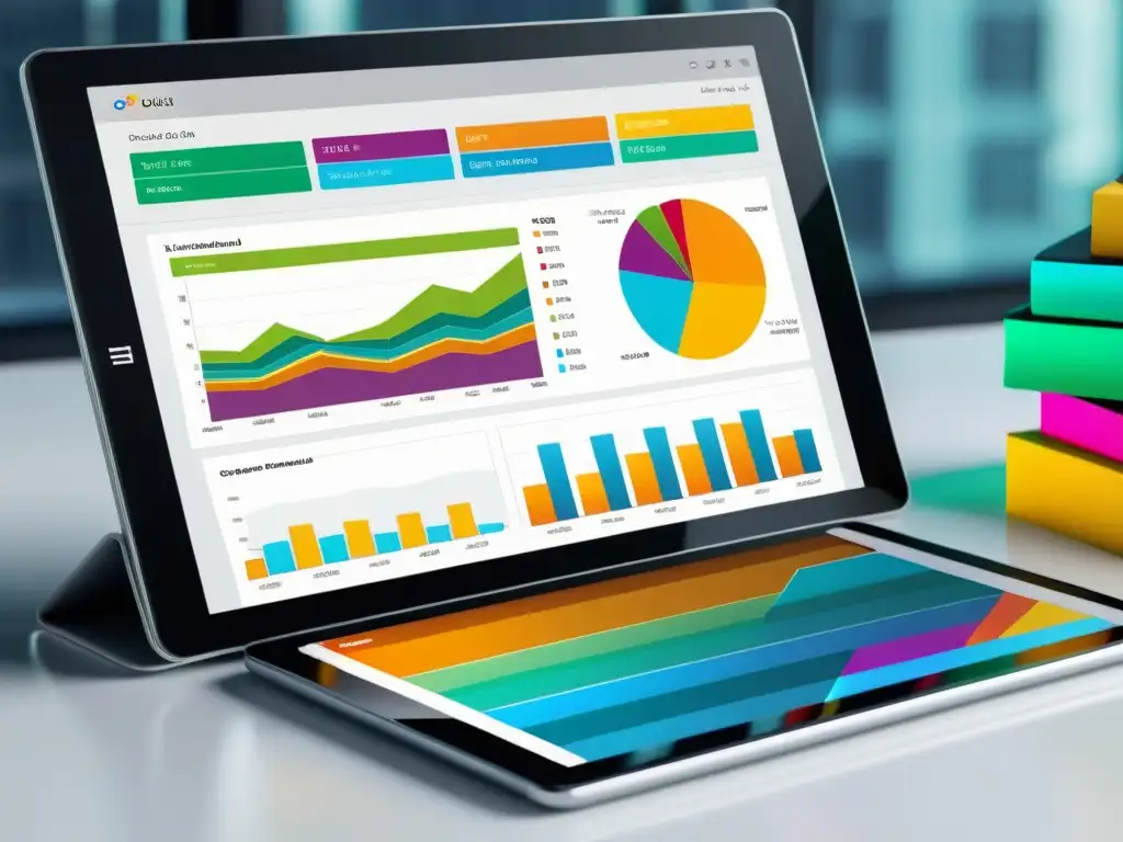 Una tablet moderna muestra una visualización de datos vibrante y colorida