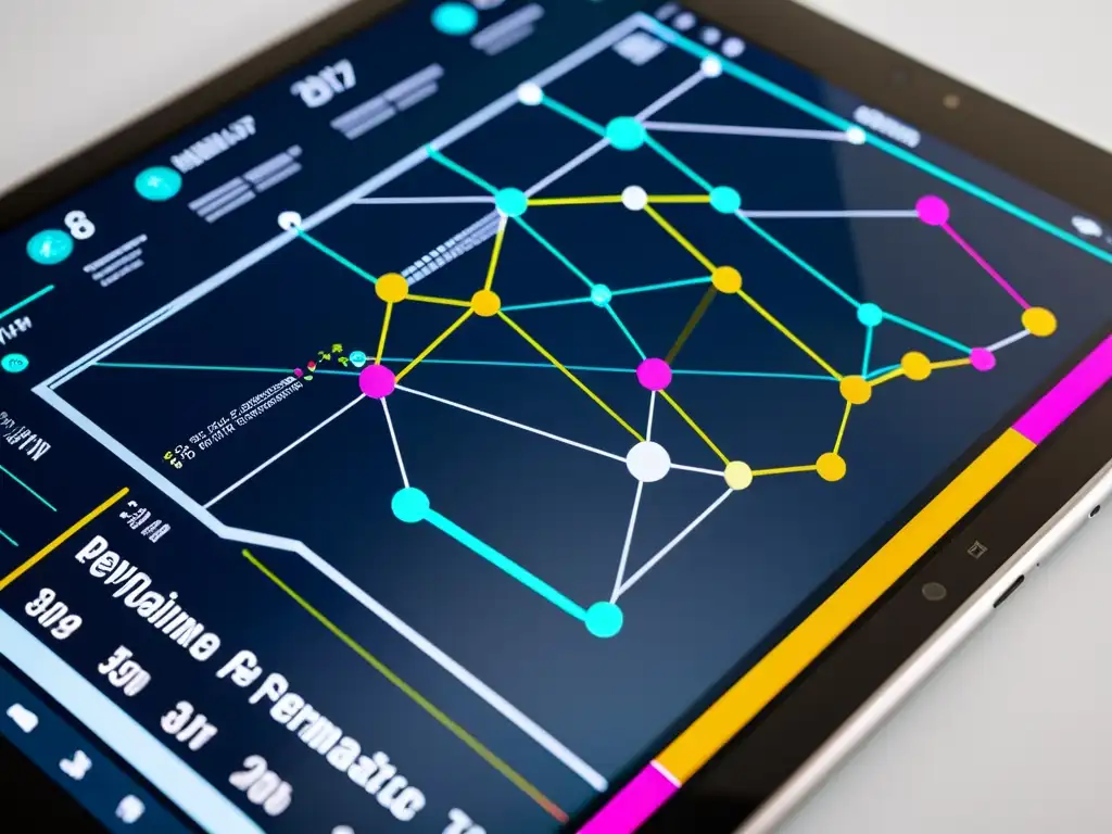 Un tablet muestra una visualización de datos deportivos complejos y modernos