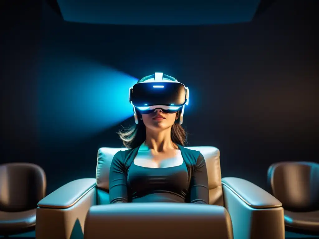 Un teatro inmersivo con realidad virtual: un auricular VR iluminado en un asiento futurista en contraste con un fondo oscuro